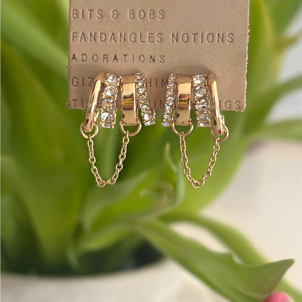 Gold and Crystals Huggie Earrings with Chain.